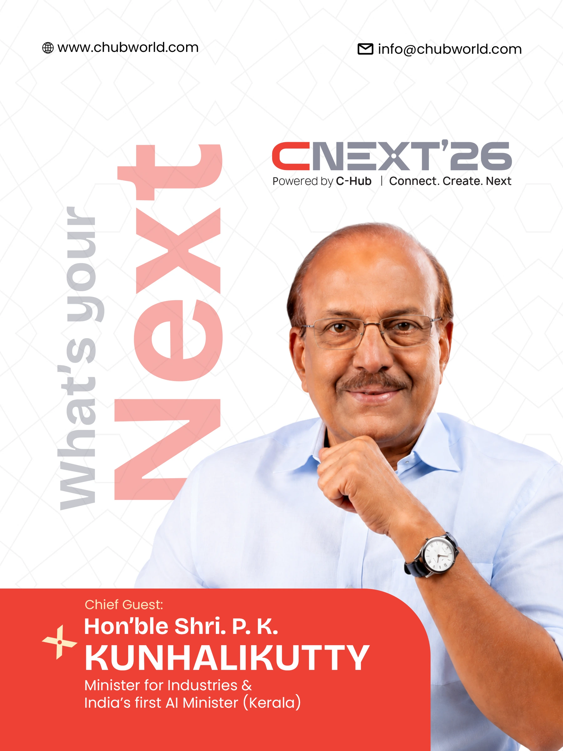 CNEXT'26 poster announcing the chief guest, Hon'ble Shri P. K. Kunhalikutty